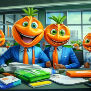 April 1, April Fool's Day, office, smile, big eyes, joy, digital painting, surrealism, art, photorealistic, professional photo, hyper detail,