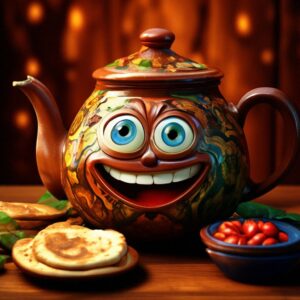 Teapot, Uzbek flatbread, smile, big eyes, joy, digital painting, surrealism, art, photorealistic, professional photo, hyper detail