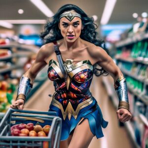 There are discounts in Auchan, Wonder Woman, Diana Prince, runs with a cart between counters looking for discounts, realistic, detailing, good photo quality,