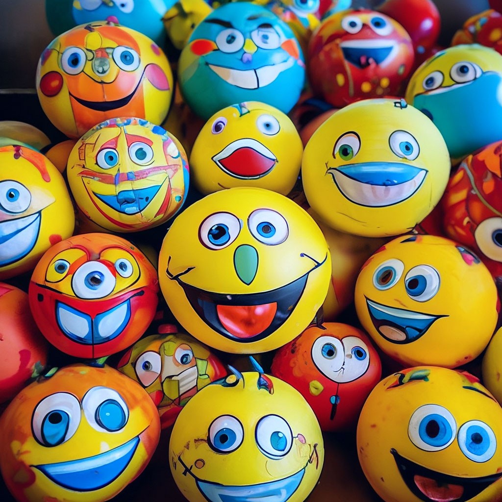 Balls, fun, funny, funny, smile, big eyes, joy, digital painting, yellow and blue colors, huge eyes, smile, surrealism, art