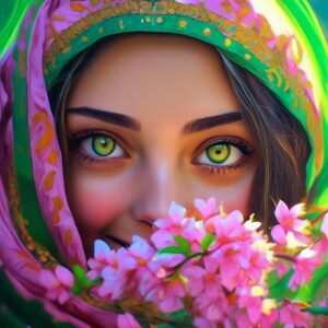 Spring, flowers, pink, green, Uzbek girl, Navruz, holiday, landscape, surrealism, realism, naturalism