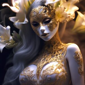 close up, woman in a porcelain mask, thick floral smoke, cozy pose, big eyes, fractal lilies, lace dress with a cutout, thick hair, neckline, backlight, post-processing, exposure, noise, photo filter, matte, hugeboob, close-up, black,  golden, pleasure, desire, passion