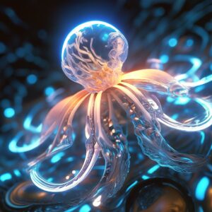 transparent octopus in the light flower, oceanic exoplanet, high resolution, high detail, glow, flower transparency x-ray fractal effect, double lumen light, intricated surrealistic, digital-art, 3d,