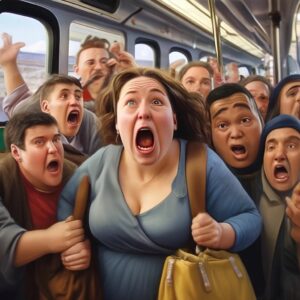 screaming overweight woman with large bags squeezed by male passengers, realistic, high detail, beautiful, close-up face