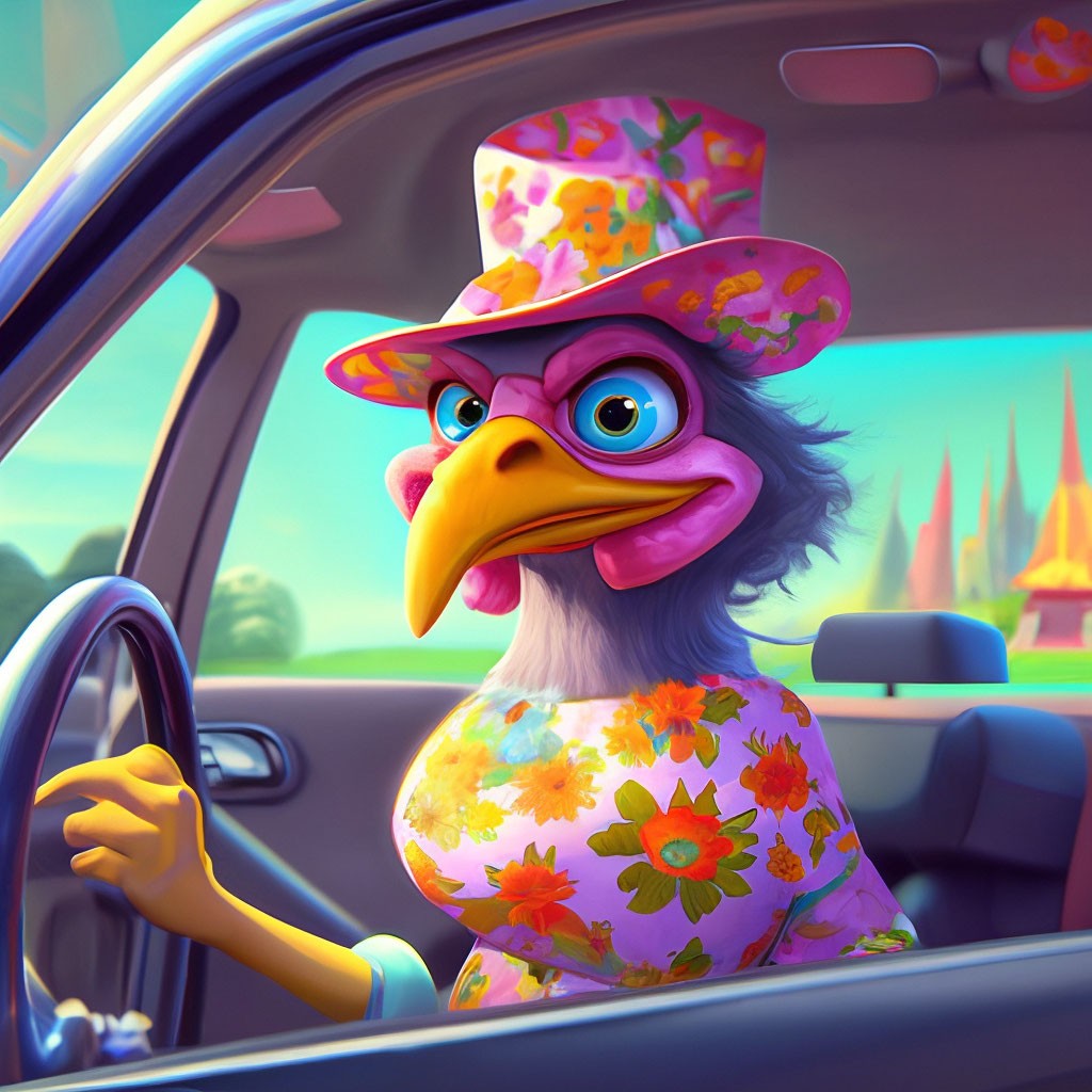 Chicken driving, flowered dress, hat, beak, big eyes, joy, digital painting, surrealism, art, photorealistic, professional photo, hyper detail,