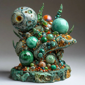 volumetric abstract unearthly form in the style of Dali from natural semi-precious stones, malachite, green jasper, amber, light green opals, chrysolites, nephrites, emeralds