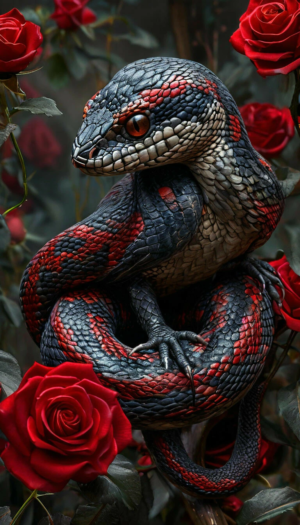 hybrid snake and bird, fluffy, cute, sits on a branch of roses, red and black colors, ultra-realistic, HDR+, professional photo.