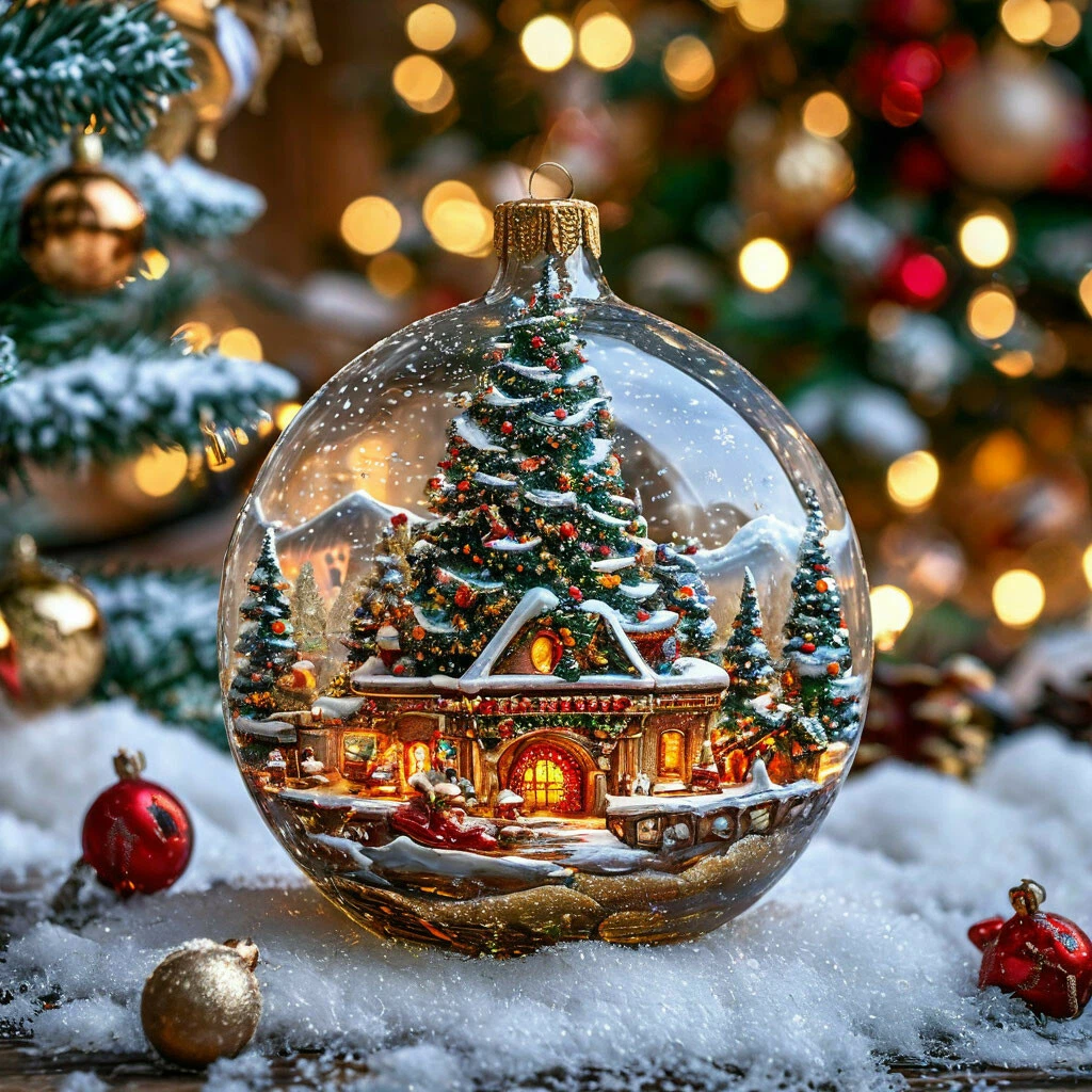 multiple exposure, layering, glass Christmas tree decorations, each decoration has its own New Year and Christmas theme, snow, macro detailing, digital painting, hyperrealism, ultraHD, HDR