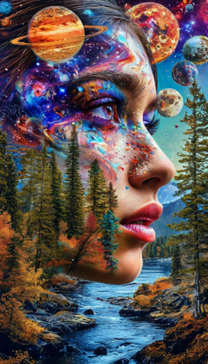 double exposure, face, planets, space, taiga, river, psychedelic art deco, beautiful abstract surrealism