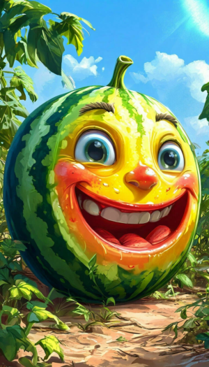 Comic cartoon mood, cute melon, smiling, basking in the sun