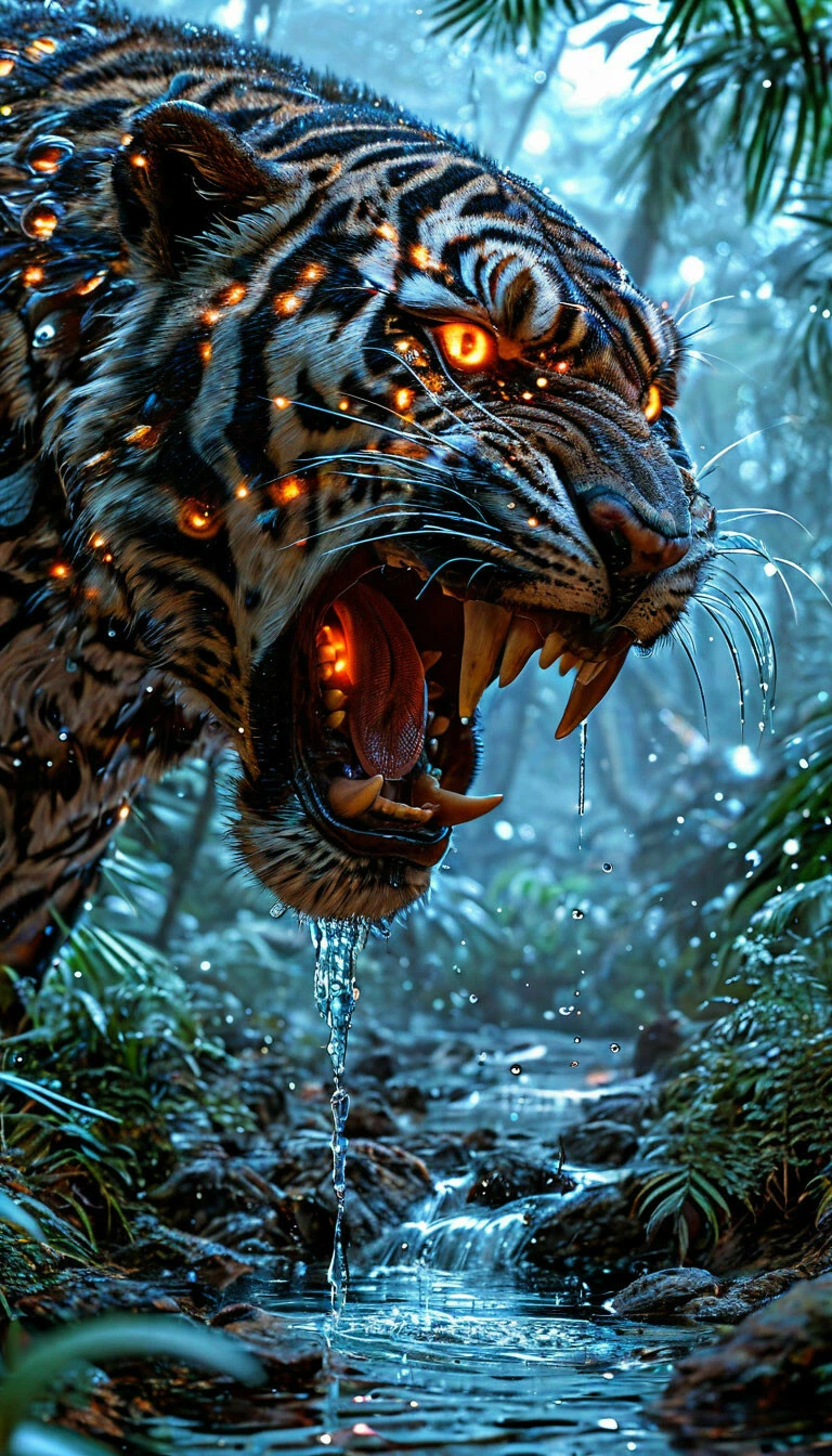 professional photo, transparent silhouette teeth like sabers, Smilodon hunting, dawn, jungle, lake boiling, multi-layered, electric leaks, condensed matter, vibrational energy, a series of networks, connections, circles and dots with many bright flashes inside each circle and dot, high detail, ultraHD