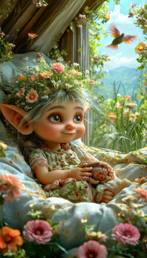 cute fluffy troll girl woke up in a soft cozy bed, looks out the panoramic window