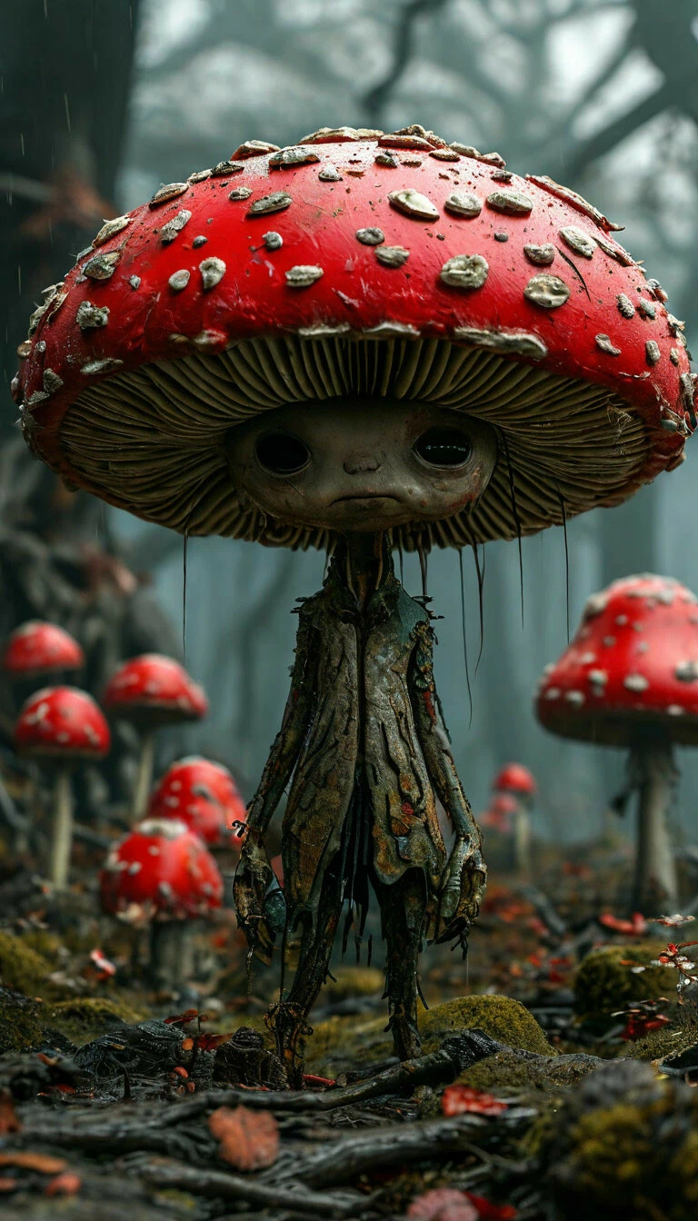 depression horror dark darkness angedonia scene. Anthropomorphic fly agaric. Full body, cinematic, photorealism, hyperrealism, high quality, high detail 16k,32k,128k,256k, 512k,1024k, 2048k,.