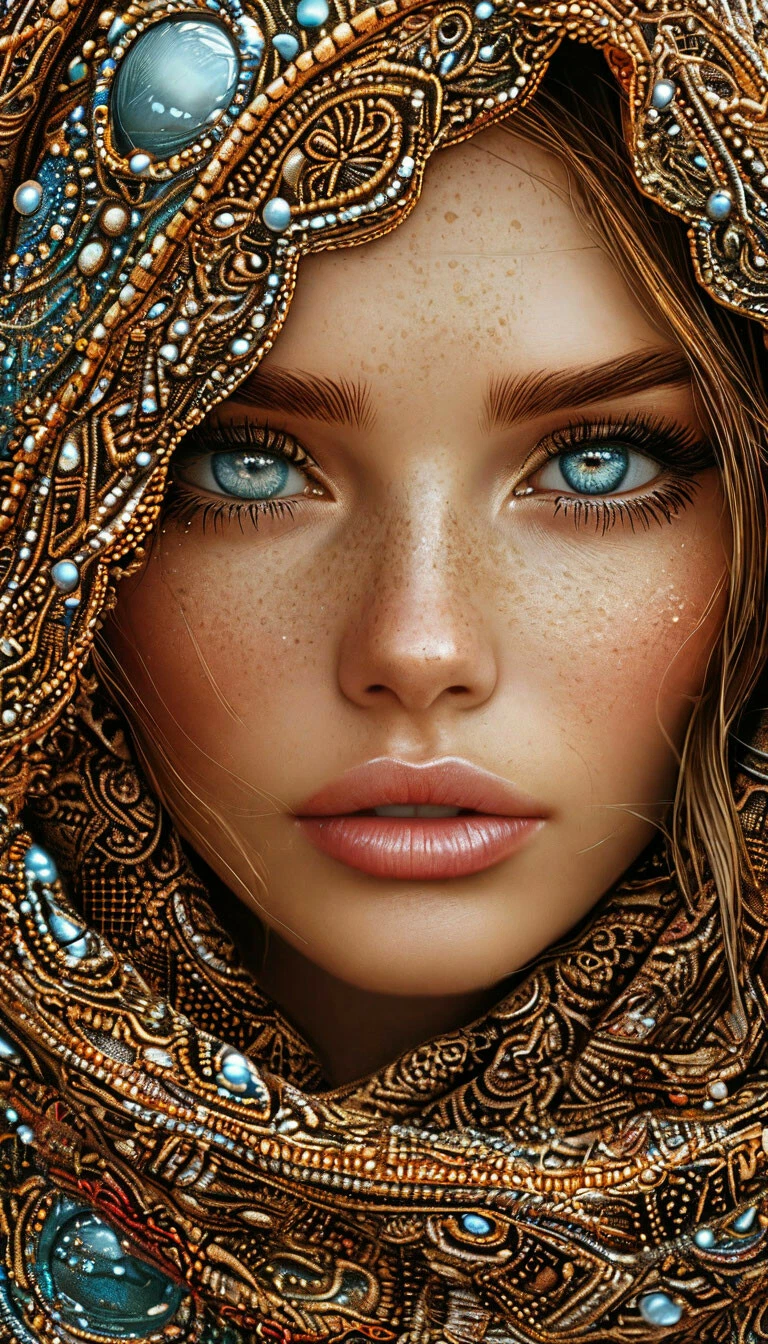 woman's face in a huge lace shawl, beautiful eyes, long eyelashes, straw-colored hair, captivating, alluring, drawing with thin colored inks, beautiful, gentle