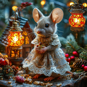 Christmas, lanterns made of transparent colored glass, glow, hang like a garland on a small cozy house. Mouse in a dress with white lace