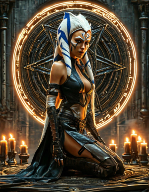 Ahsoka Tano, a girl with minimal clothing, a beautiful pale face, full-length, profile, a halo of a halo glows, inside a pentagram, candles burn and smoke around the perimeter, kneels, mandala, slender legs, art nouveau style + cyberpunk, and a little bit of modernism, mystic horror