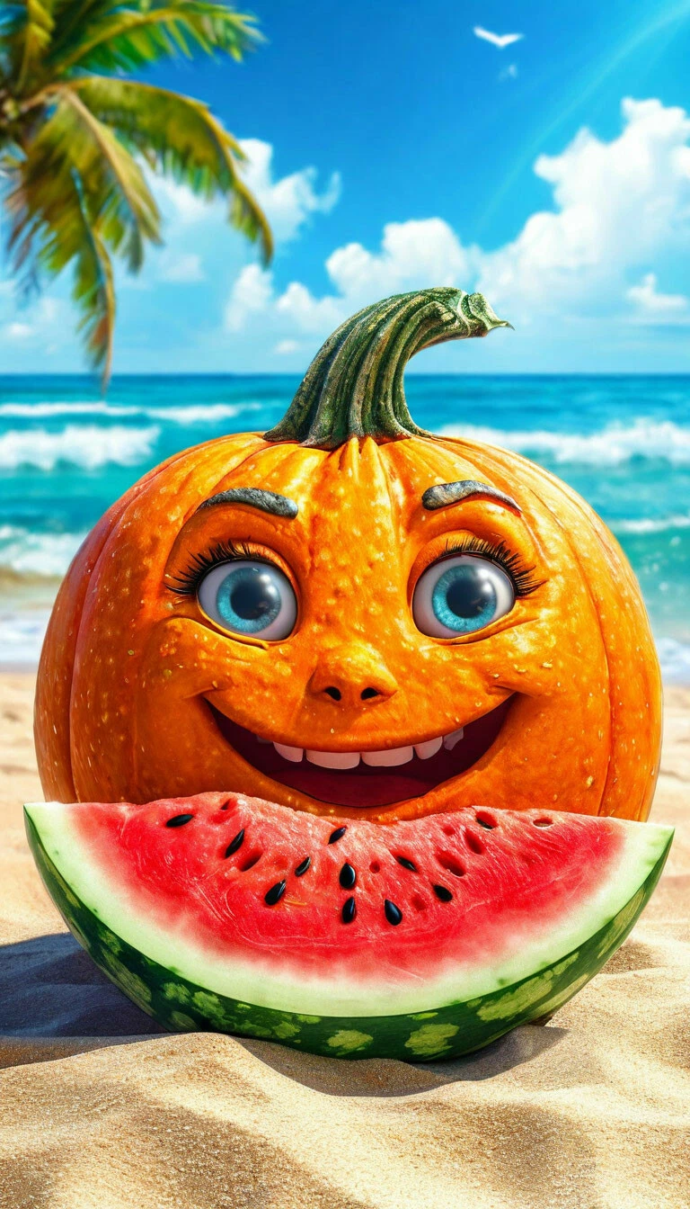 pumpkin and watermelon on the sea background idea AI