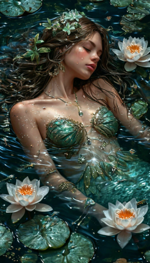 beautiful mermaid sleeping in the lake, botanical, magical, fabulous, fantasy, digital painting, , gentle shining mist, transparent dragonflies, lotuses, dark green leaves, shine, hyper-detailed, ornate, , professional photo, photorealism, colored pencil drawing,