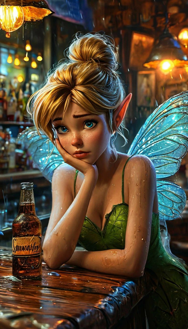 Fairy near the bar counter, bottle of beer, beautiful girl cartoon fairy magic